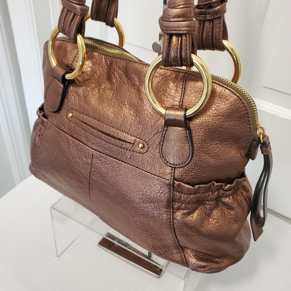 B. Makowsky Copper Metallic Pebble Grain Leather Shoulder Bag Goldtone Hardware - Picture 6 of 12